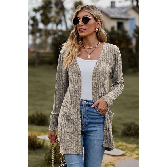 Azura Exchange  Khaki Rib Knit V Neck Button up Cardigan with Pockets - Picture 3 of 6